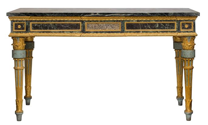 A pair of Roman neoclassical lacca console tables with red and green marble tops | MasterArt
